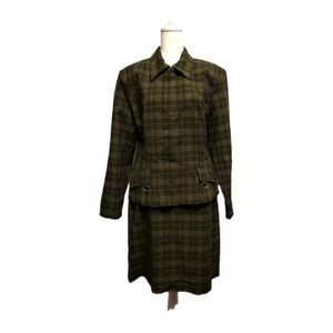 Vintage Plaid Womens 14 Suit Jacket Skirt Set Green Career Academia Retro